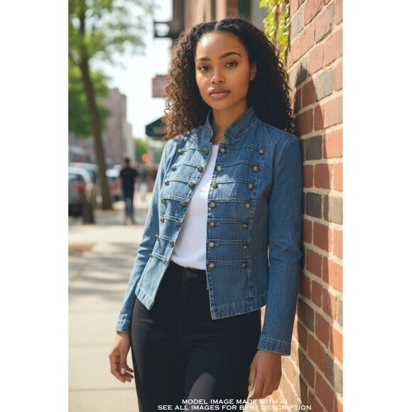 Vintage Military Style Denim Jacket S Soldier Fitted Baddie Going Out Statement - Picture 1 of 6